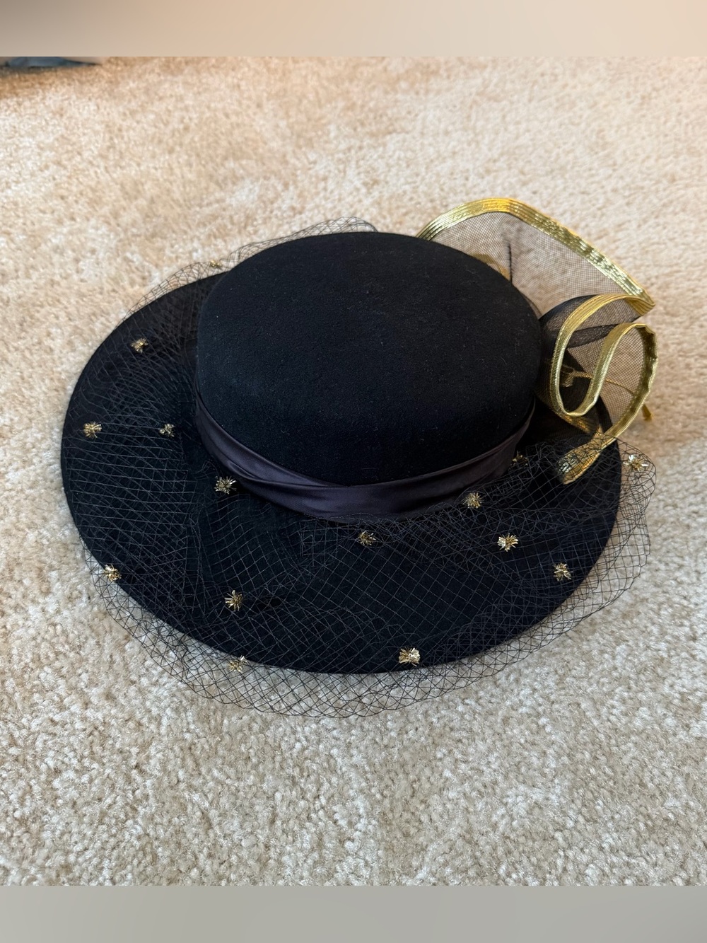 Vintage Michael Howard Mr Charles 100% Wool Black Gold Veil Hat